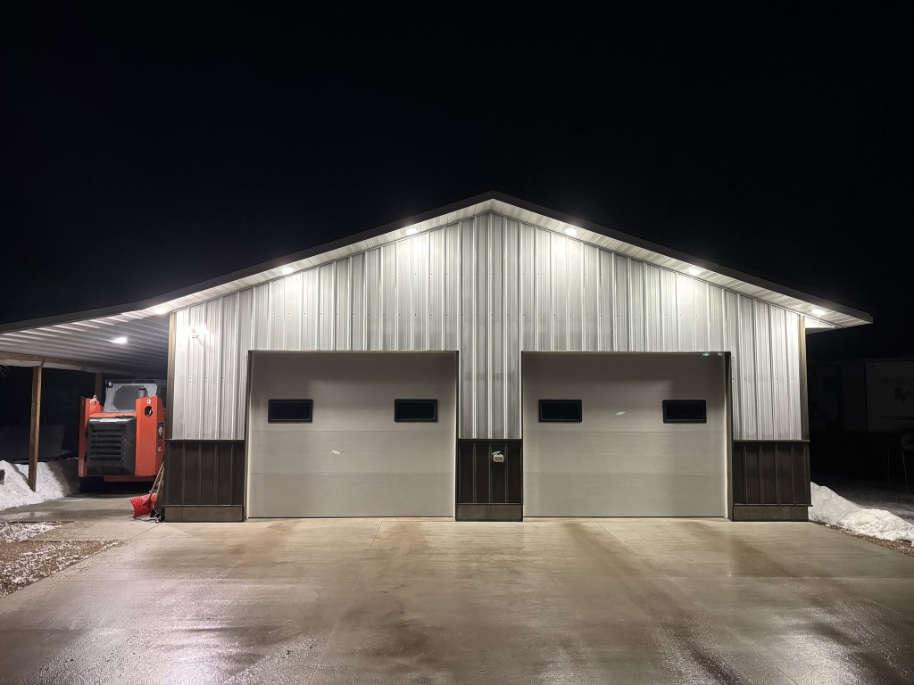 Vettleson Electric custom shop lighting setup at night